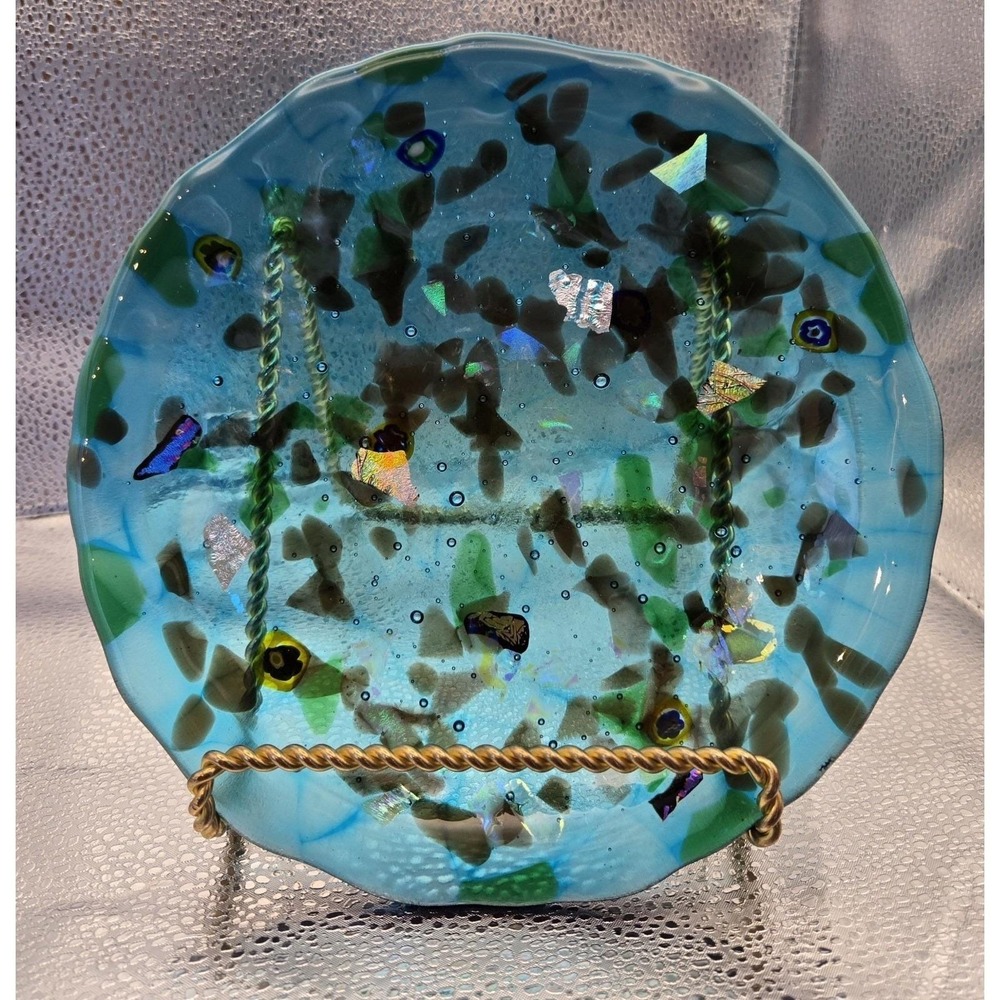 Fused Art Dish 8.75" Mix Of Vibrant Colors Scalloped Edge. 1980's (#21)
